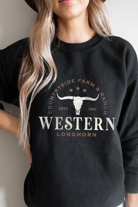 Black Western Longhorn Pullover