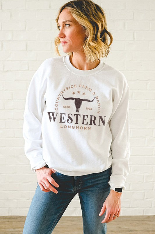 White Western Longhorn Pullover